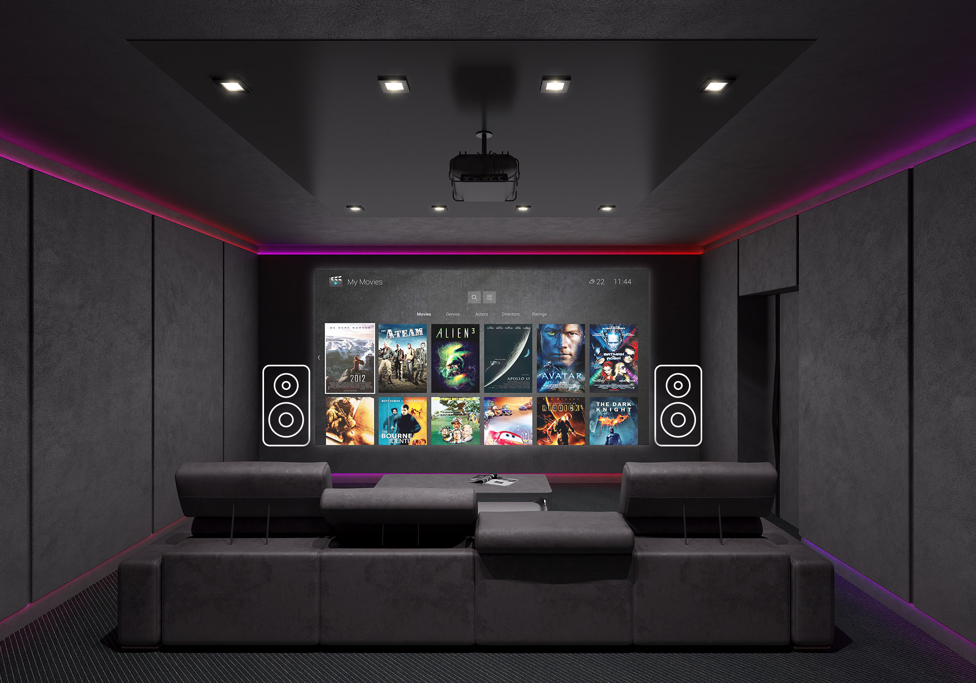 Home theater room with two speakers in the front